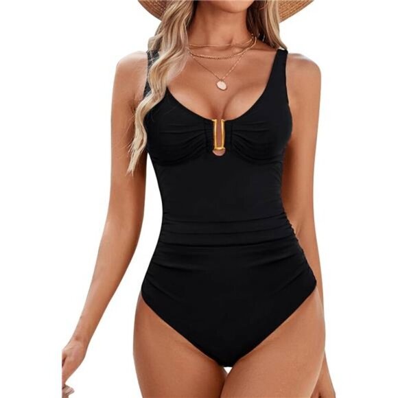 Women's Tummy Control One Piece Swimsuit V Neck Ruched Slimming